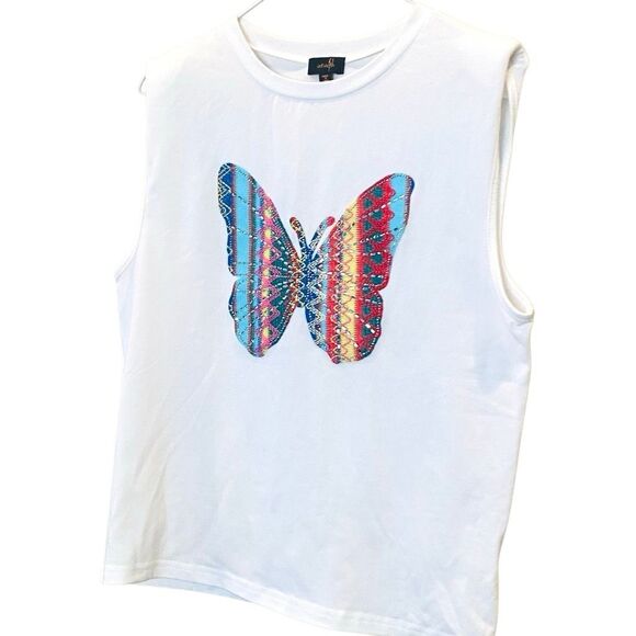 On Twelfth Emdroidered Beaded Striped Butterfly Sleeveless Tank Top White Small - Picture 2 of 6